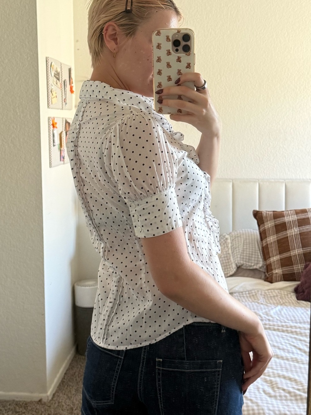 White Polka Dot Ruffle Button-Up Top - Picture 2 of 3